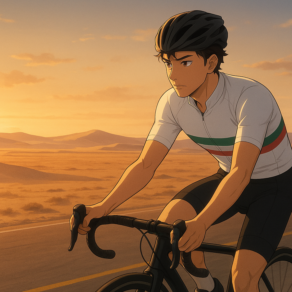 Un joven ciclista, representando a Isaac del Toro, pedalea solo en una carretera desértica al atardecer, con un paisaje de dunas y un cielo cálido al fondo.